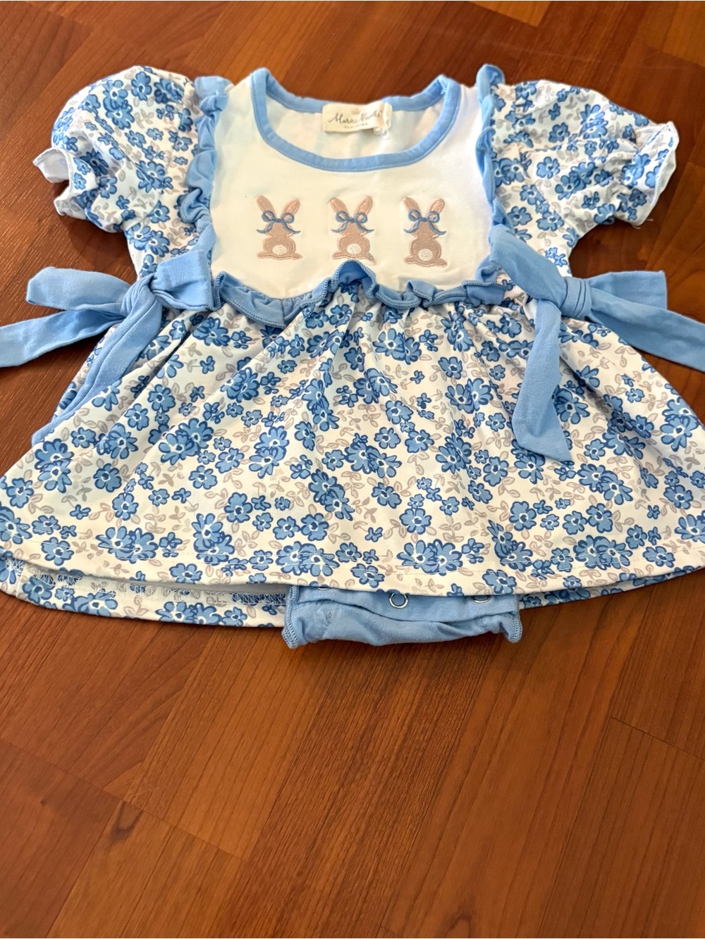 Marie Nicole Blue Floral Baby Dress with Bunny 6-12 Months